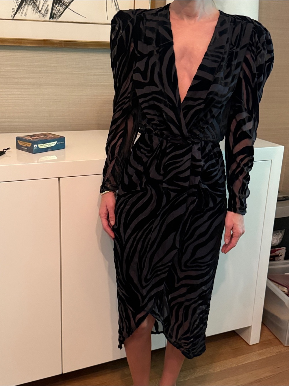 IRO Black Sheer Zebra-Print Wrap Midi Dress